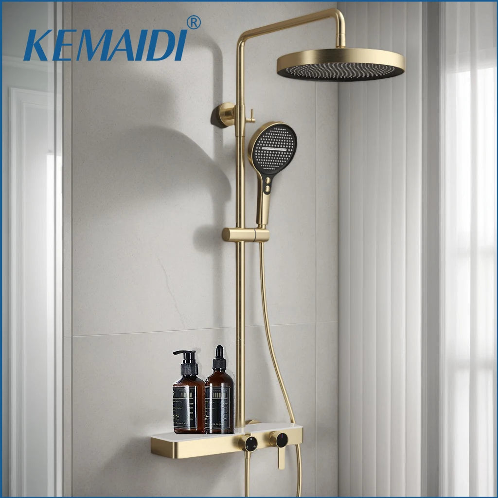 Aufputz-Duschsystem aus Messing mit Ablage und Knopfbedienung für das Badezimmer – 3 Funktionen, Kopfbrause 28 cm, Handbrause, Wannenstrahl, 6 Farben