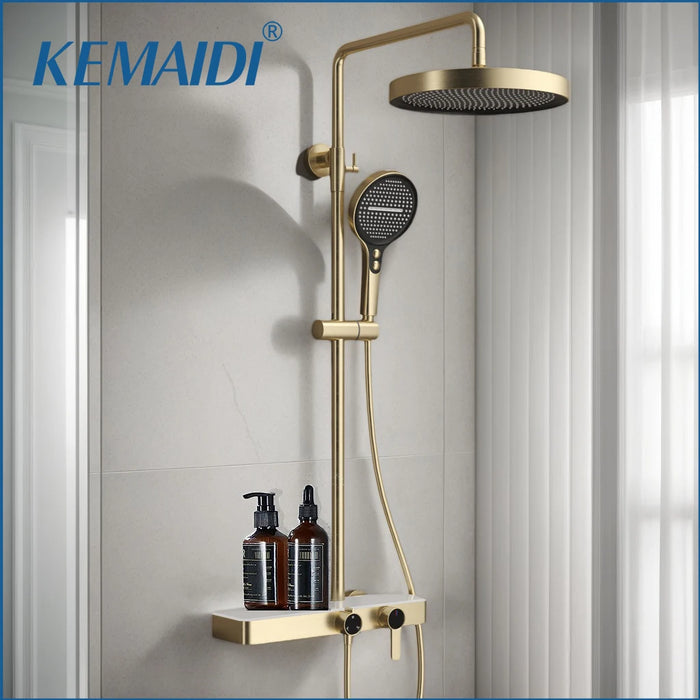 Aufputz-Duschsystem aus Messing mit Ablage und Knopfbedienung für das Badezimmer – 3 Funktionen, Kopfbrause 28 cm, Handbrause, Wannenstrahl, 6 Farben