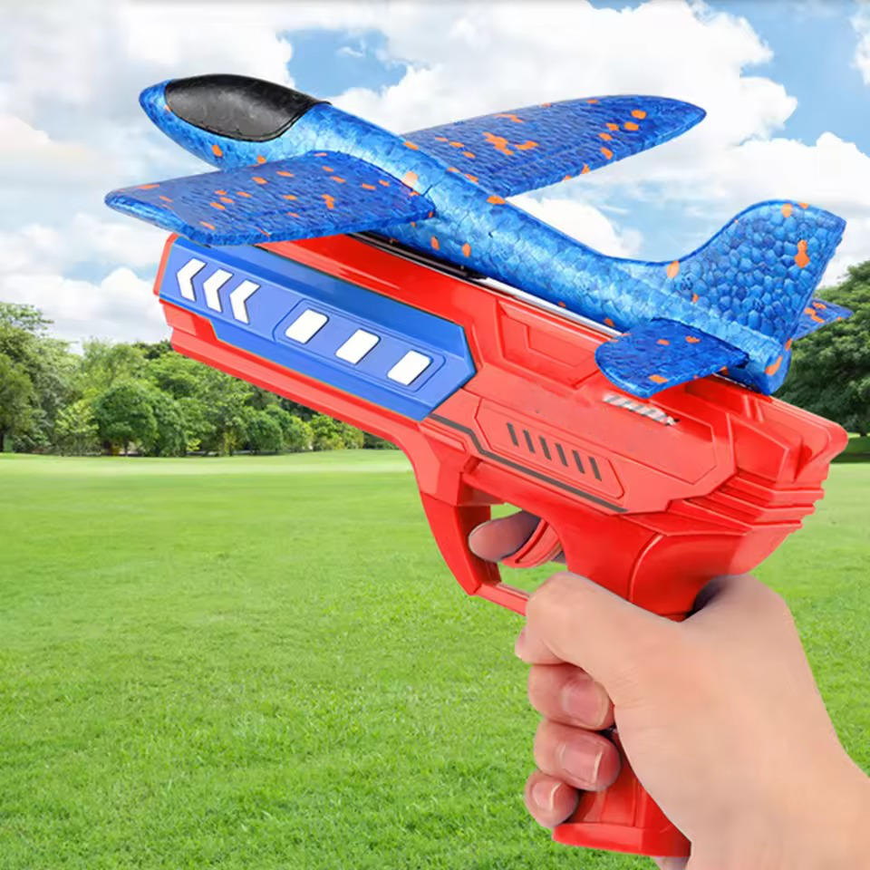 Wurfgleiter mit Katapult-Starter aus EPP-Schaum für Garten, Park und Strand – Flugzeug ca. 23 × 24 cm, abnehmbare Flügel, Rot oder Blau