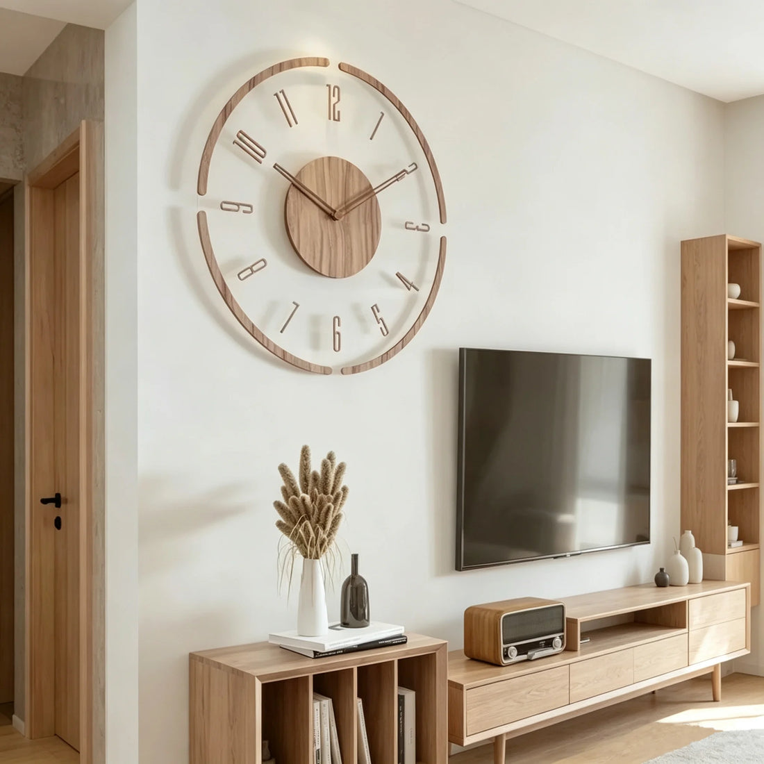 Wanduhr mit transparentem Acrylglas-Zifferblatt und Massivholz-Mitte im nordischen Stil für Wohnzimmer – 30, 35 oder 40 cm, rund, lautlos