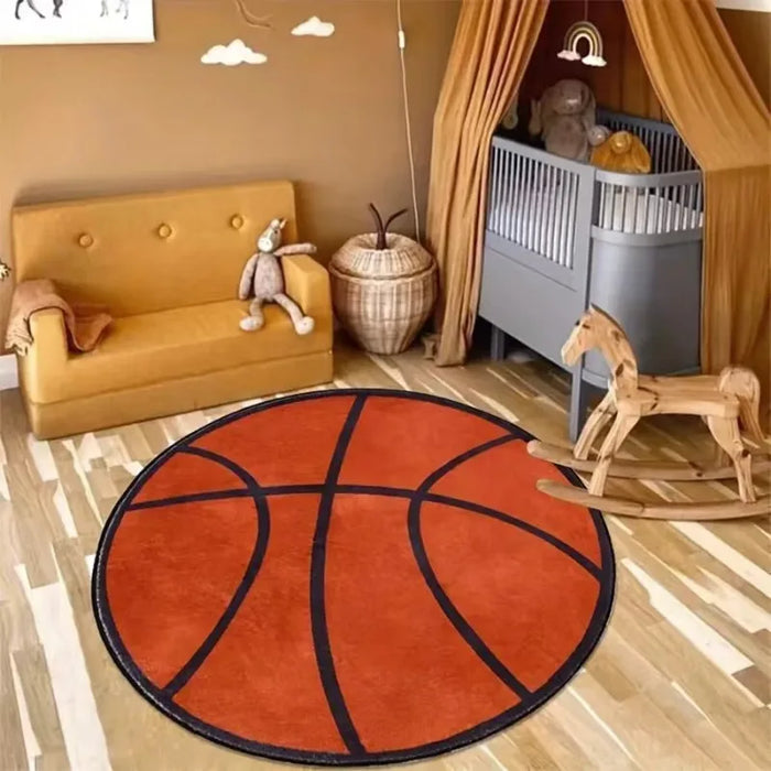 Runder Flanell-Teppich mit Ballmotiv für Kinderzimmer, Schlafzimmer und unter den Stuhl – Ø 40 bis 120 cm, Basketball, Fußball, Baseball, rutschfest