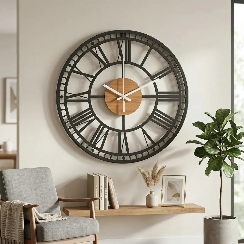 Retro-Wanduhr aus Metall mit römischen Ziffern und Holzmaserung im Landhausstil für das Wohnzimmer – Ø 34 cm, lautlos, Schwarz