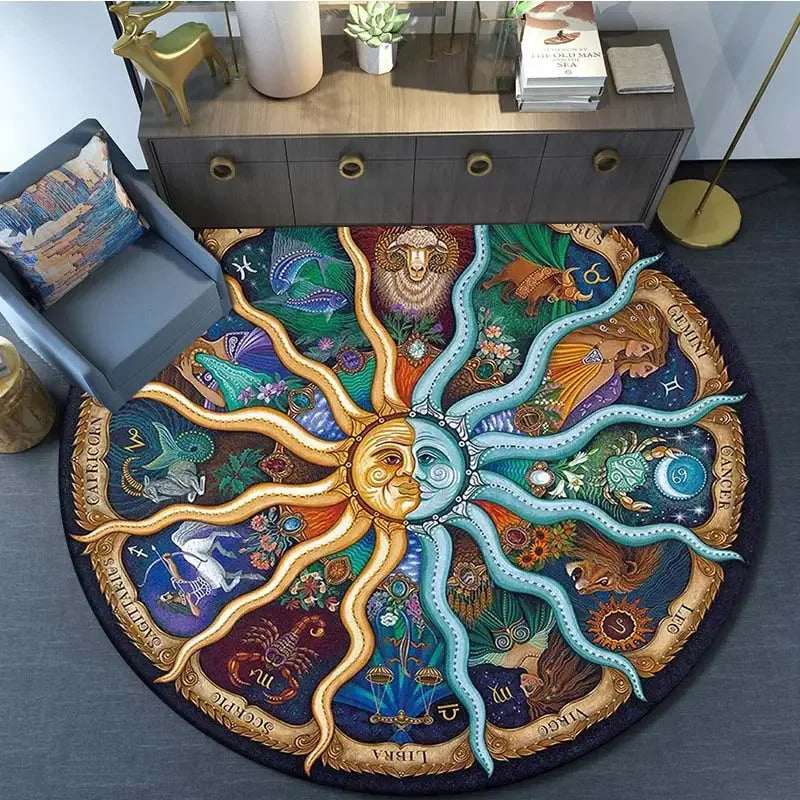 Runder Teppich mit Sonne, Mond und Sternkarte im Vintage-Stil für Wohnzimmer und Schlafzimmer – Ø 40 bis 120 cm, Flanell, rutschfest, 5 Motive