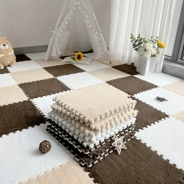 Flauschige Plüsch-Puzzlematten aus Schaumstoff für Wohnzimmer, Schlafzimmer und Spielbereich – quadratisch, 4 oder 12 Stück, stapelbar, 17 Farben