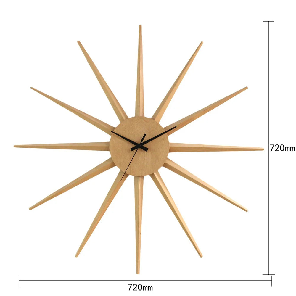 Sonnen-Wanduhr aus Walnussholz mit 12 Speichen im Mid-Century-Stil für Wohnzimmer und Eingangsbereich – 72 × 72 cm, lautlos, 2 Ausführungen