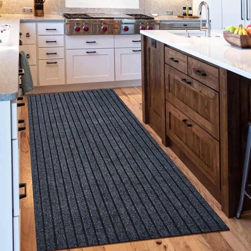 Gestreifter Läufer aus Polyester mit Gummirücken für Küche, Flur und Eingang – 40 × 80 bis 50 × 300 cm, 0,6 cm dick, rutschfest, Rot, Braun, Grau