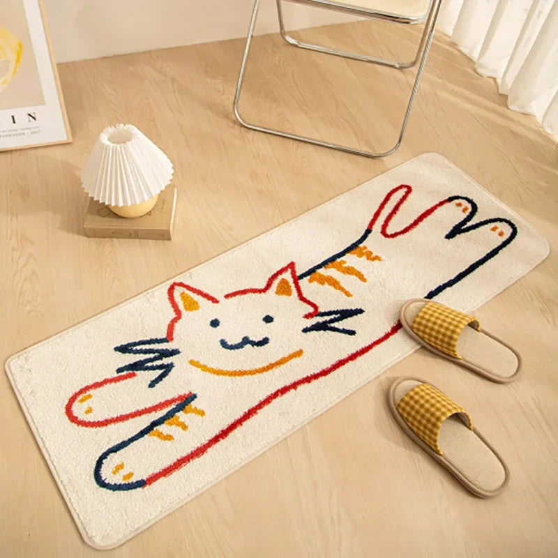 Langer Teppich mit Cartoon-Katzenmotiv als Bettvorleger für Schlafzimmer und Flur – 40 × 120 bis 60 × 180 cm, Kaschmir-Imitat, rutschfest, 4 Motive
