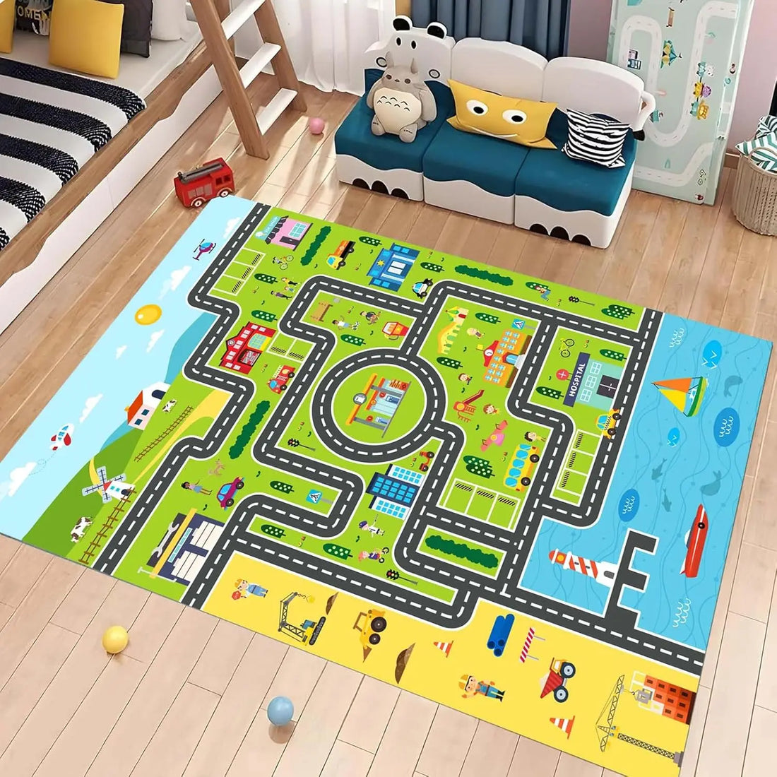Kinderspielteppich mit Straßen- und Stadtverkehr-Motiv für Kinderzimmer und Wohnzimmer – 40 × 60 bis 120 × 160 cm, Flanell, rutschfest, 5 Motive