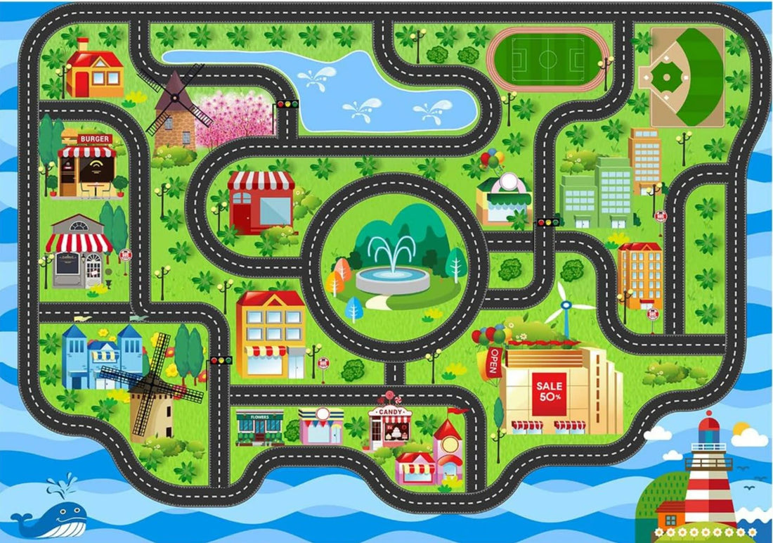 Kinderspielteppich mit Straßen- und Stadtverkehr-Motiv für Kinderzimmer und Wohnzimmer – 40 × 60 bis 120 × 160 cm, Flanell, rutschfest, 5 Motive