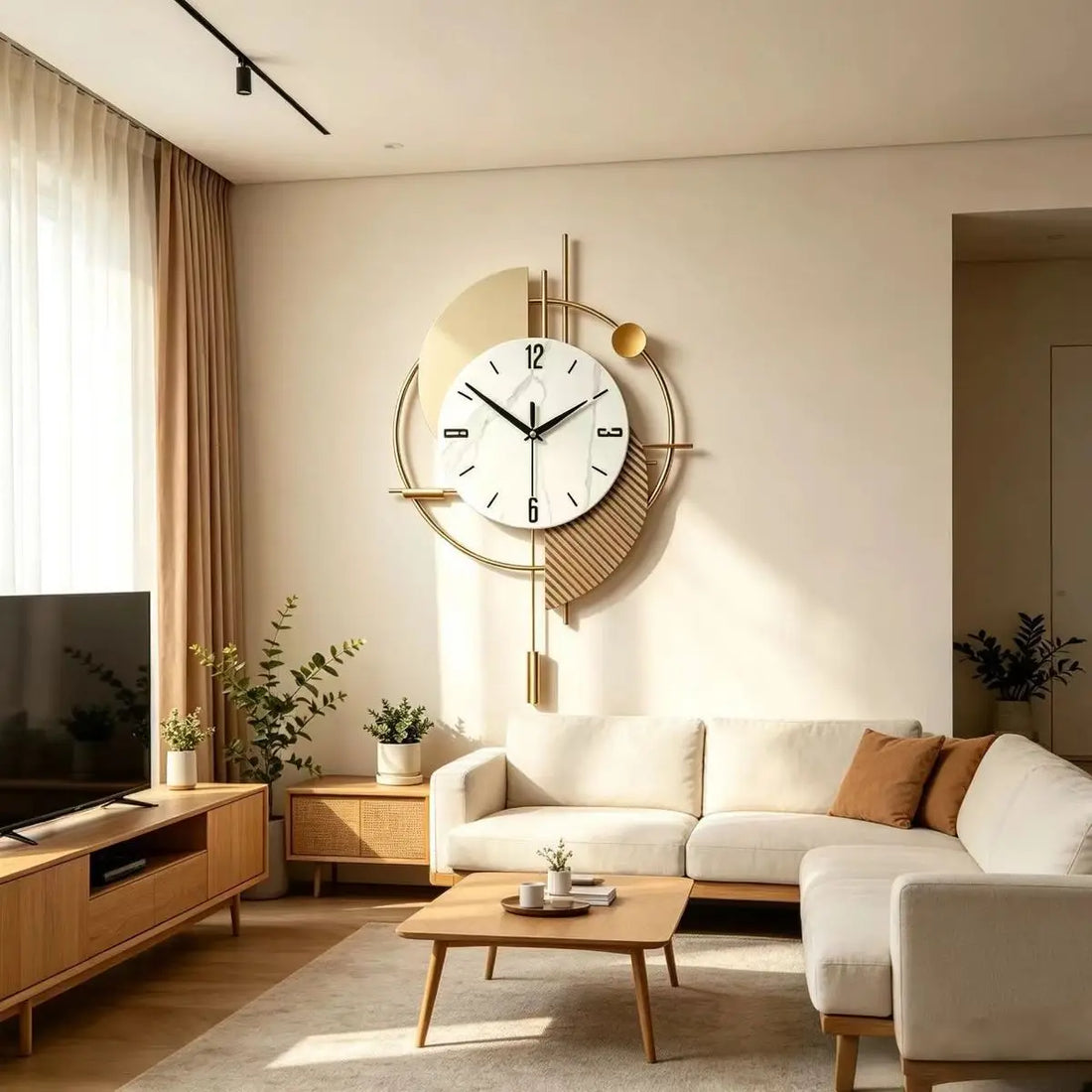 Wanduhr aus Metall mit Pendel für Wohnzimmer und TV-Wand – 52 × 34 cm, geometrisch, rundes Zifferblatt, geräuschloses Quarzwerk, 2 Modelle