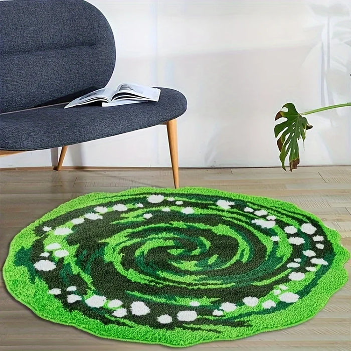 Runder Teppich mit grünem Wirbel-Motiv für Wohnzimmer und Schlafzimmer – Ø 60 bis 140 cm, getufteter Flor, geschwungener Rand, waschbar