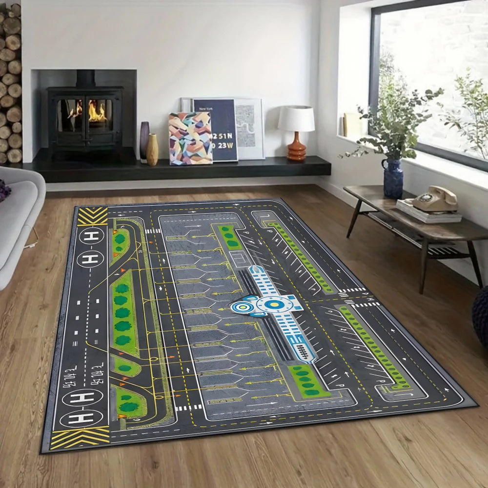 Kinderteppich mit Flughafen-Motiv als Spielmatte für Kinderzimmer und Wohnzimmer – 30 × 50 bis 120 × 160 cm, rechteckig, rutschfest, 4 Motive