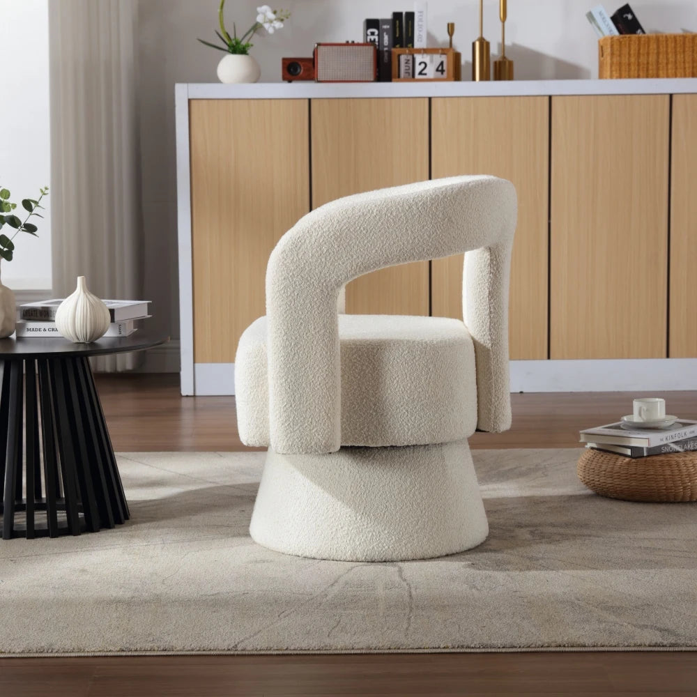 Drehbarer Bouclé-Sessel mit runder Form und breiten Armlehnen für Wohnzimmer und Schlafzimmer – 360° drehbar, 67 × 55 × 74 cm, 4 Farben