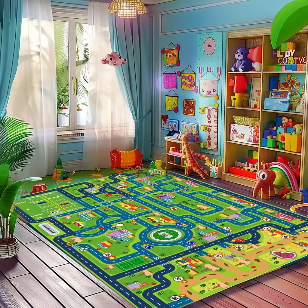 Kinderspielteppich mit Straßen- und Stadtverkehr-Motiv für Kinderzimmer und Wohnzimmer – 40 × 60 bis 120 × 160 cm, Flanell, rutschfest, 5 Motive