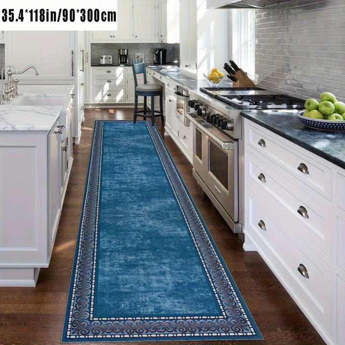 Blauer Boho-Läufer mit fein verziertem Muster für Flur, Küche und Wohnzimmer – 40 × 60 bis 90 × 600 cm, auch im Set, Filz, PVC-Rücken