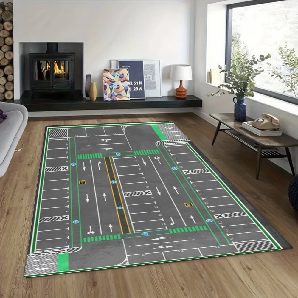 Kinderteppich mit Flughafen-Motiv als Spielmatte für Kinderzimmer und Wohnzimmer – 30 × 50 bis 120 × 160 cm, rechteckig, rutschfest, 4 Motive