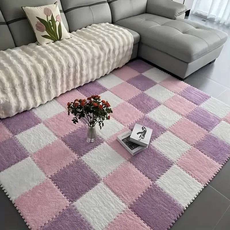 Flauschige Plüsch-Puzzlematten aus Schaumstoff für Wohnzimmer, Schlafzimmer und Spielbereich – quadratisch, 4 oder 12 Stück, stapelbar, 17 Farben