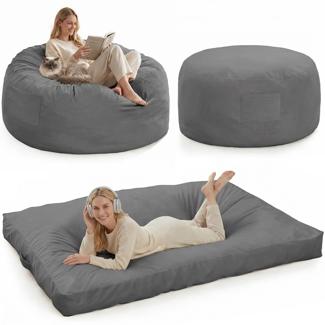 3-in-1-Sitzsack als Sessel, Liege und Bodenbett mit Memory-Schaum für Wohnzimmer und Gaming – 112 × 112 × 70 cm, waschbarer Flanellbezug, 7 Farben
