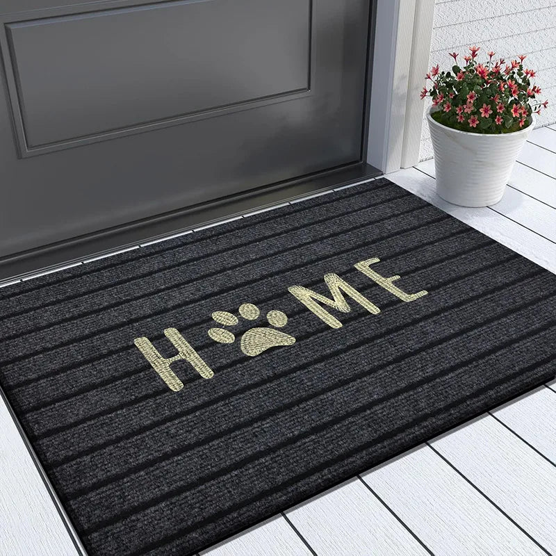 Gestreifte Fußmatte mit gesticktem Home-Schriftzug für Haustür, Eingang und Badezimmer – 40 × 60 oder 50 × 80 cm, Polyester, rutschfest, 5 Varianten