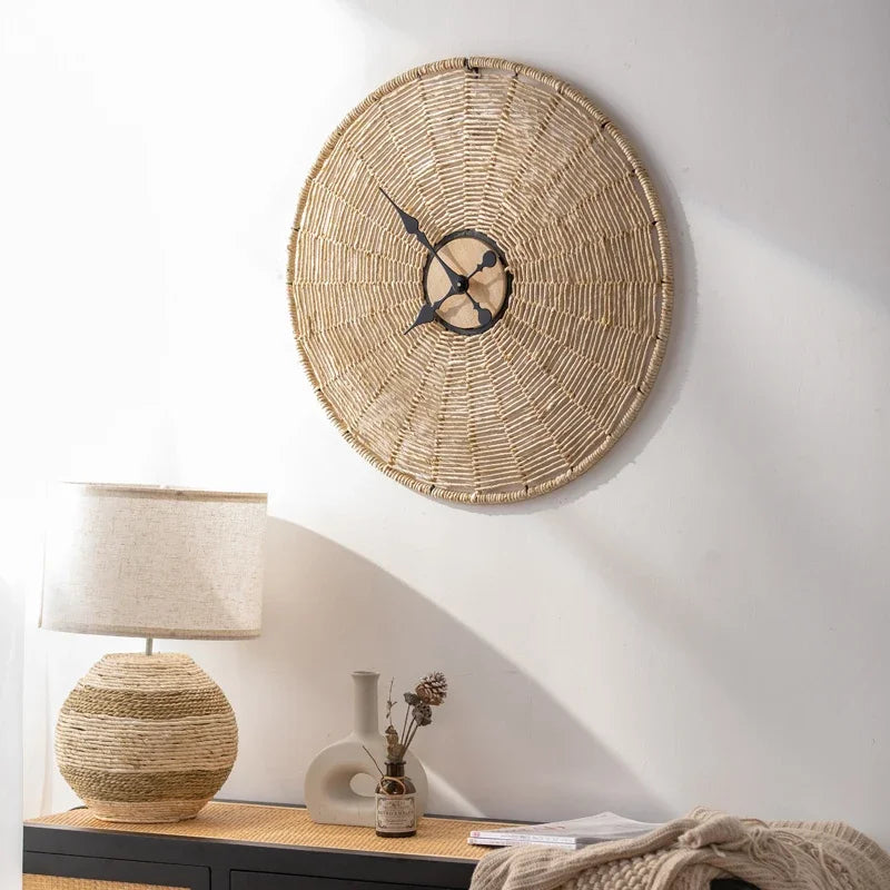 Rattan-Wanduhr im japanischen Stil aus Holz, Seil und Eisen für das Wohnzimmer – 60 × 60 oder 80 × 80 cm, rund, geräuschloses Quarzwerk
