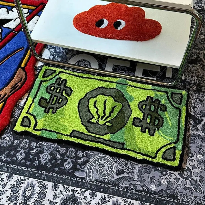 Bedruckter Teppich mit Cartoon-Geldschein-Motiv für Eingang und Schlafzimmer – 40 × 60 bis 60 × 90 cm, wasserabweisend, antistatisch, 4 Motive