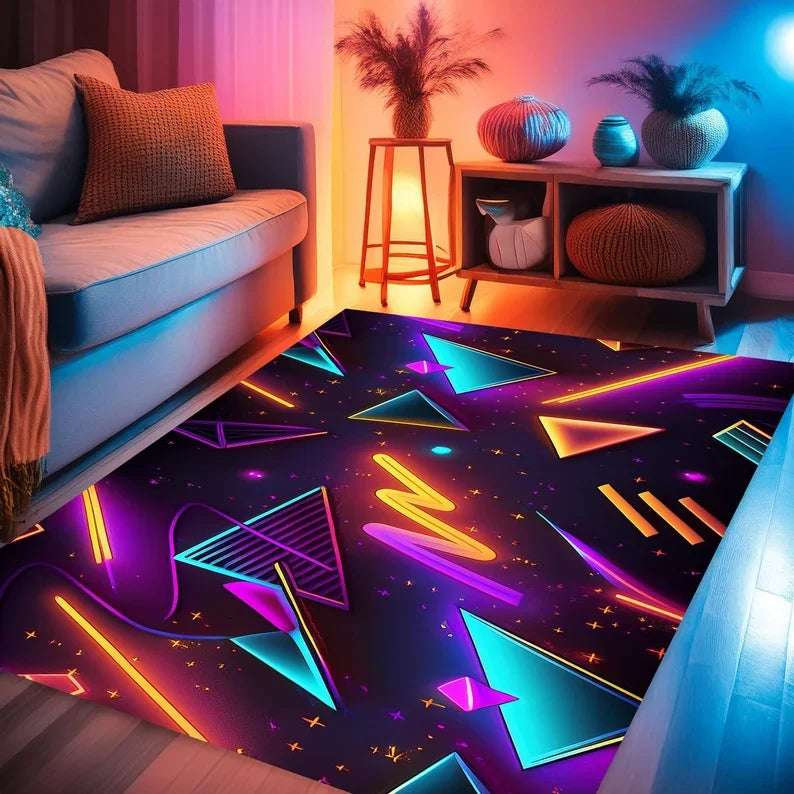 Gaming-Teppich mit geometrischem Neon-Muster für Spielzimmer, Kinderzimmer und Wohnzimmer – 40 × 60 bis 120 × 160 cm, rutschfest, 7 Motive