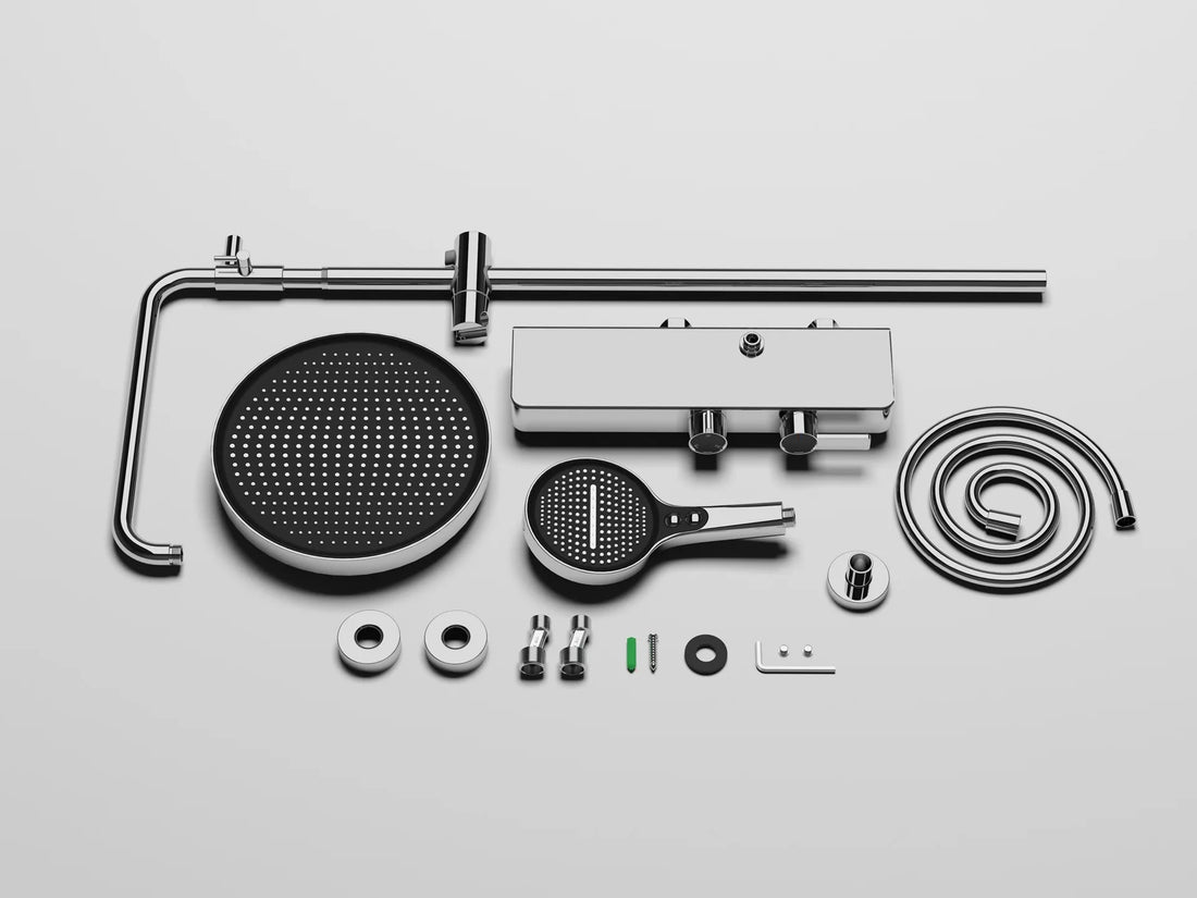 Aufputz-Duschsystem aus Messing mit Ablage und Knopfbedienung für das Badezimmer – 3 Funktionen, Kopfbrause 28 cm, Handbrause, Wannenstrahl, 6 Farben