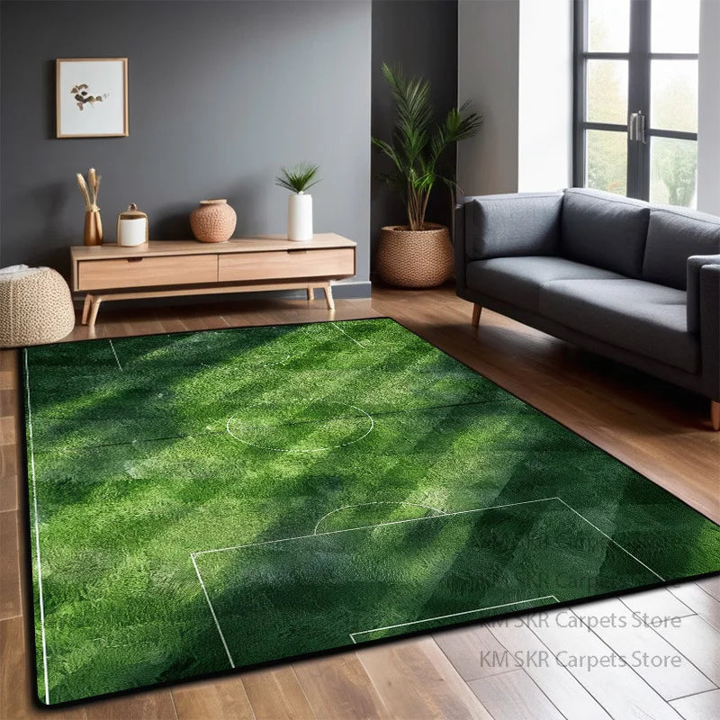 Bedruckter Flanell-Teppich im Fußballfeld-Design für Kinderzimmer und Wohnzimmer – 60 × 90 bis 200 × 400 cm, rechteckig, rutschfest, 13 Motive