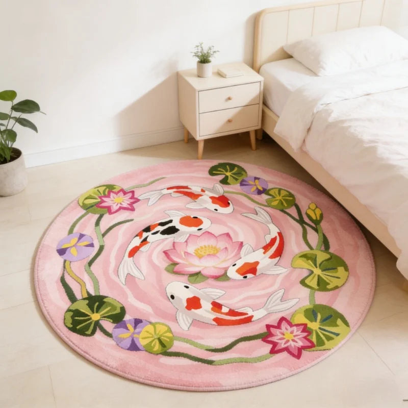Runder Plüschteppich mit Koi-Karpfen-Muster für Wohnzimmer und Schlafzimmer – Ø 80 bis 250 cm, flauschig, rutschfest, 25 Motive