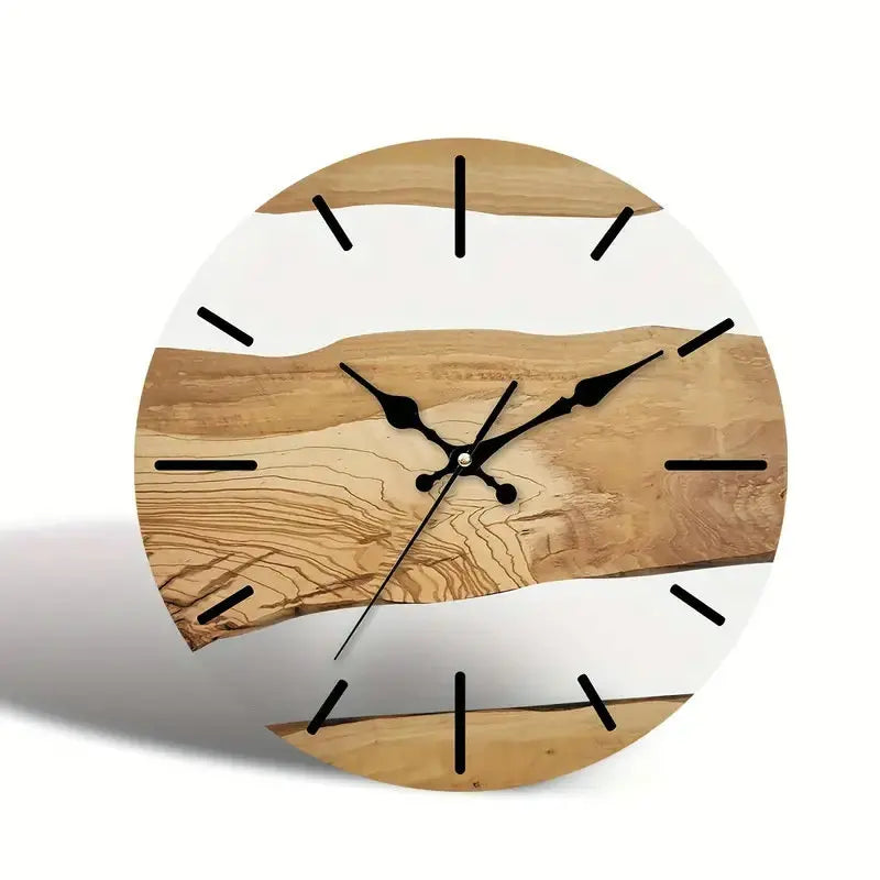 Wanduhr aus Glas mit Holzmaserung und weißen Flächen im Kunst-Design für Wohnzimmer und Flur – 30 cm (12 Zoll), rund, lautlos, 4 Motive
