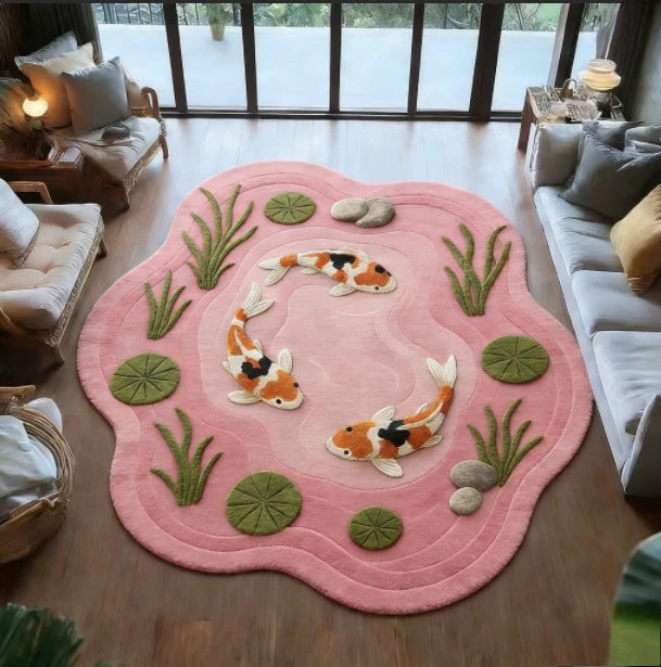 Runder Plüschteppich mit Koi-Karpfen-Muster für Wohnzimmer und Schlafzimmer – Ø 80 bis 250 cm, flauschig, rutschfest, 25 Motive