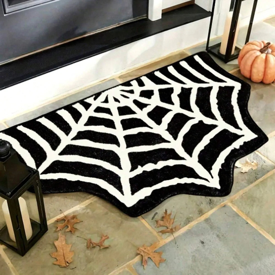 Halloween-Teppich mit Fledermaus- oder Spinnennetz-Motiv für Bad und Wohnzimmer – 40 × 60 oder 50 × 80 cm, Wildlederoptik, rutschfest, Schwarz