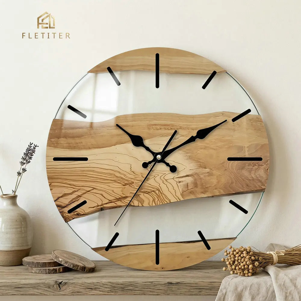 Wanduhr aus Glas mit Holzmaserung und weißen Flächen im Kunst-Design für Wohnzimmer und Flur – 30 cm (12 Zoll), rund, lautlos, 4 Motive