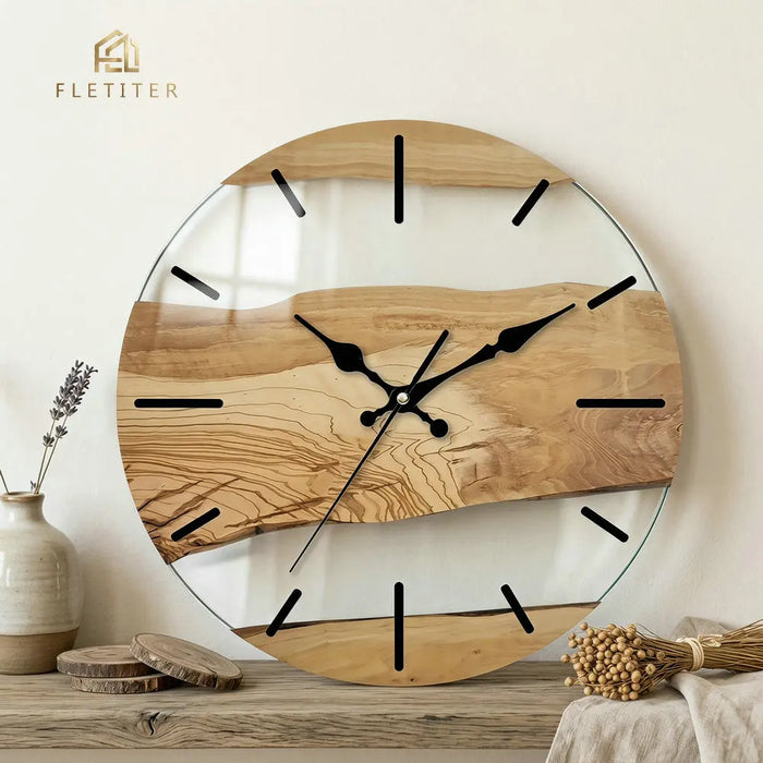Wanduhr aus Glas mit Holzmaserung und weißen Flächen im Kunst-Design für Wohnzimmer und Flur – 30 cm (12 Zoll), rund, lautlos, 4 Motive