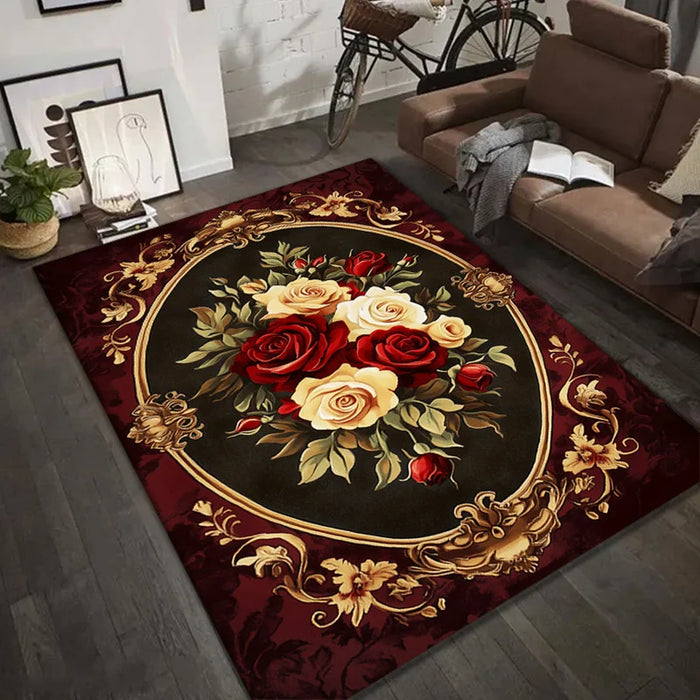 Retro-Teppich mit rot-weißem Rosen-Design für Eingang, Schlafzimmer und Wohnzimmer – 40 × 60 bis 120 × 160 cm, Flanell, bedruckt, rutschfest