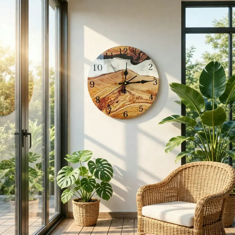 Wanduhr aus Glas mit Holzmaserung und weißen Flächen im Kunst-Design für Wohnzimmer und Flur – 30 cm (12 Zoll), rund, lautlos, 4 Motive