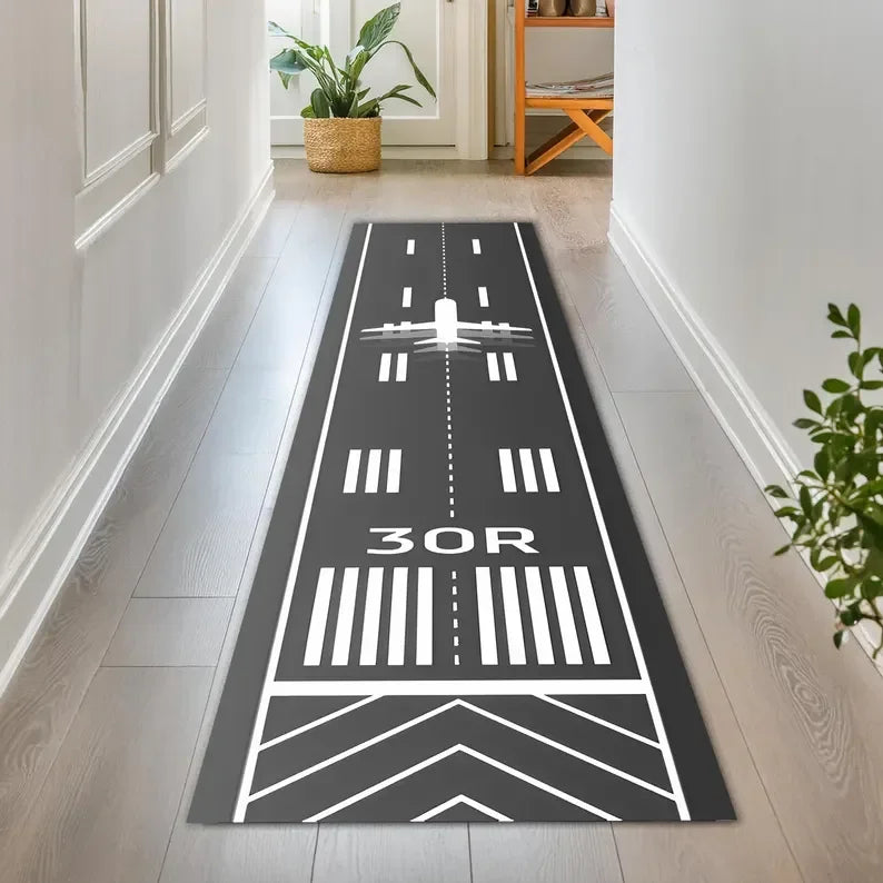 Läufer mit Start- und Landebahn-Motiv im Flughafen-Design für Schlafzimmer und Wohnzimmer – 40 × 120 oder 50 × 150 cm, Flanell, rutschfest, 6 Motive