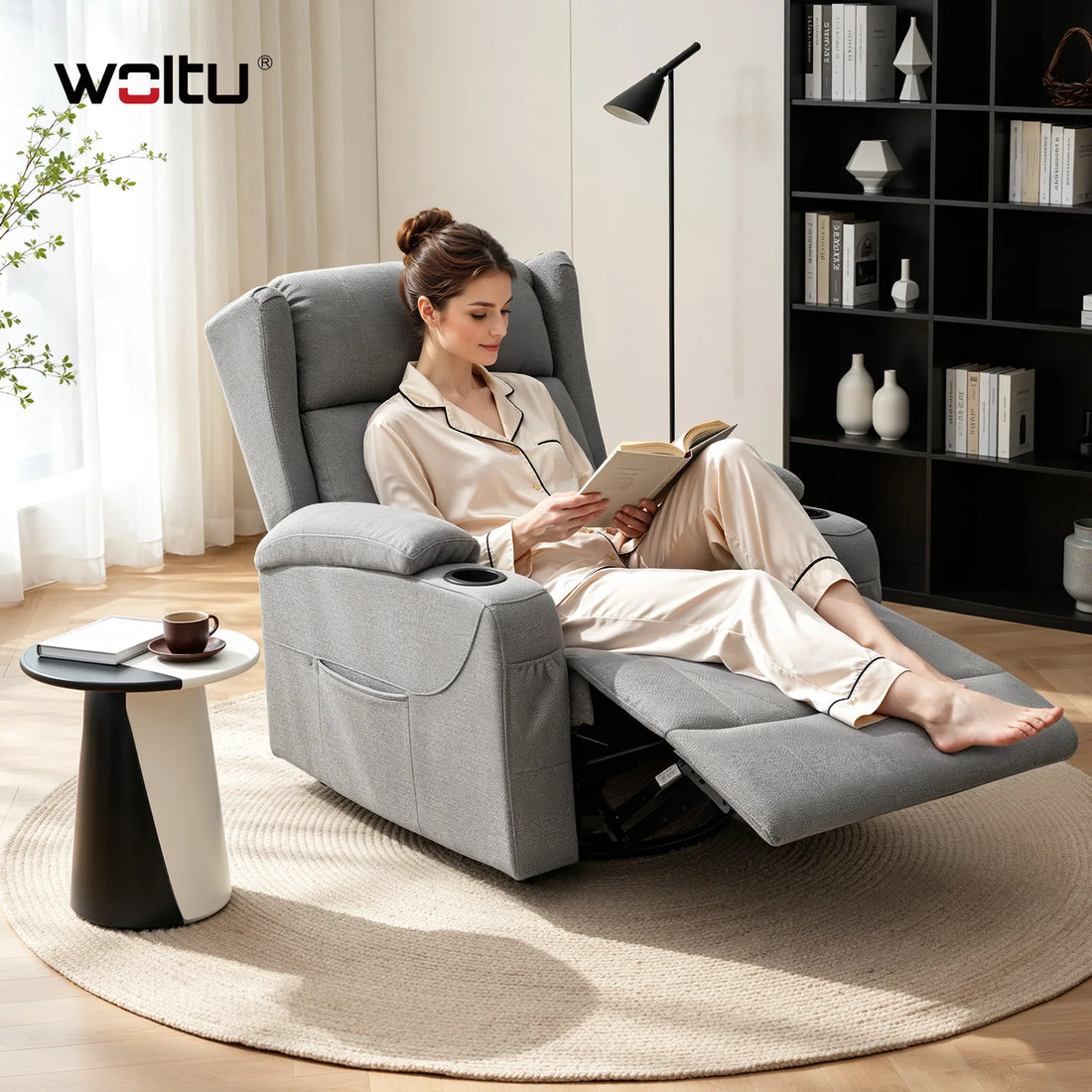 Drehbarer Relaxsessel mit verstellbarer Rückenlehne und Fußstütze für Wohnzimmer und Schlafzimmer – 87 × 94,5 × 103,5 cm, Getränkehalter, 3 Bezüge