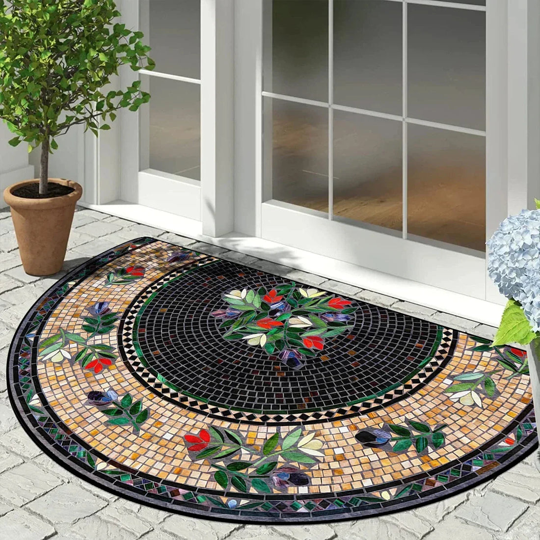 Halbrunde Fußmatte mit Mosaik-Blumenmuster im Vintage-Stil für Eingang, Veranda und Balkon – 40 × 60 bis 60 × 90 cm, rutschfest, 10 Motive