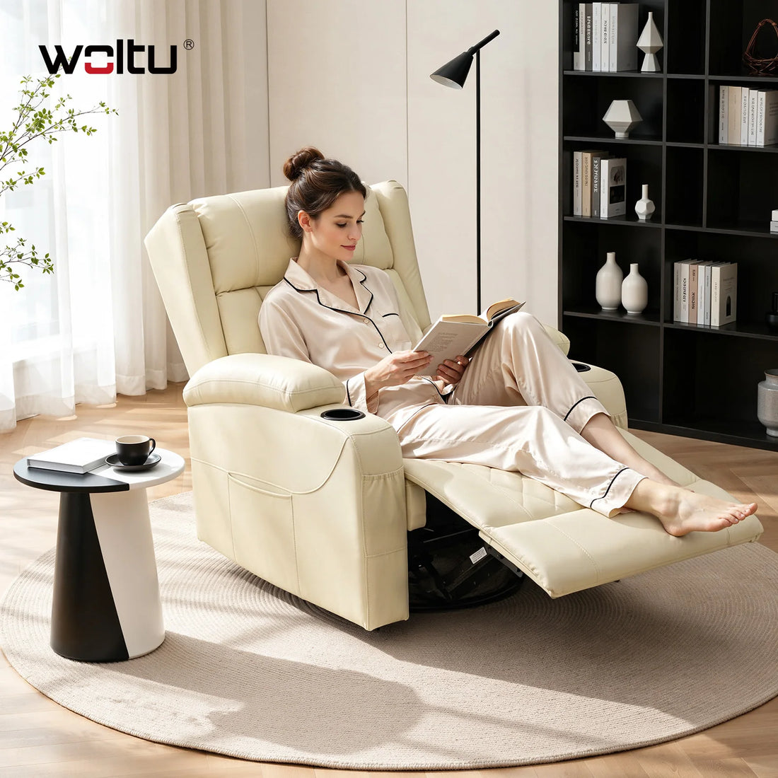 Drehbarer Relaxsessel mit verstellbarer Rückenlehne und Fußstütze für Wohnzimmer und Schlafzimmer – 87 × 94,5 × 103,5 cm, Getränkehalter, 3 Bezüge