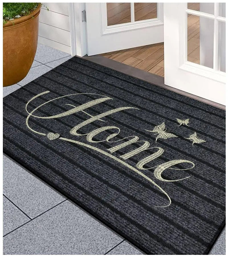 Gestreifte Fußmatte mit gesticktem Home-Schriftzug für Haustür, Eingang und Badezimmer – 40 × 60 oder 50 × 80 cm, Polyester, rutschfest, 5 Varianten
