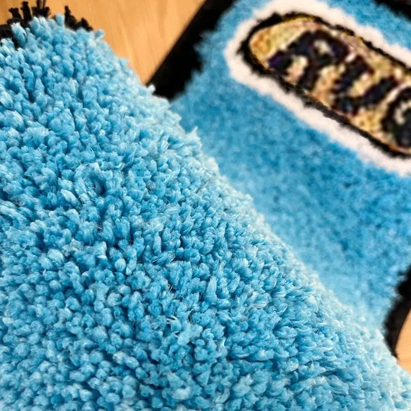 Schmaler flauschiger Teppich in Feuerzeug-Form für Schlafzimmer, Wohnzimmer und Bad – 80 × 24 cm, Blau und Schwarz, Gummirückseite, maschinenwaschbar