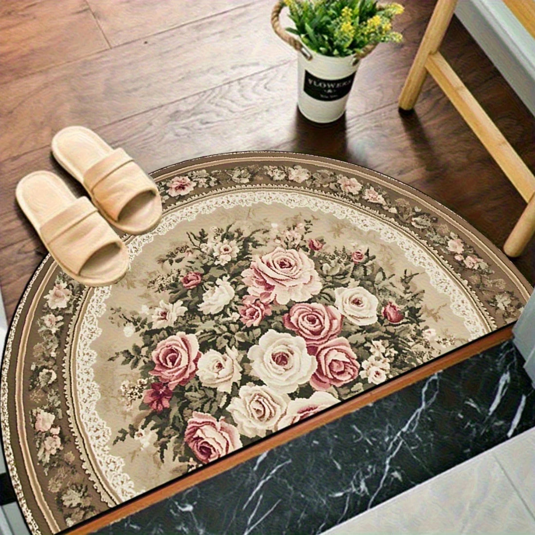 Halbrunder Vintage-Teppich mit romantischem Rosenmuster für Eingang, Schlafzimmer und Wohnzimmer – 40 × 60 bis 60 × 90 cm, weich, rutschfest