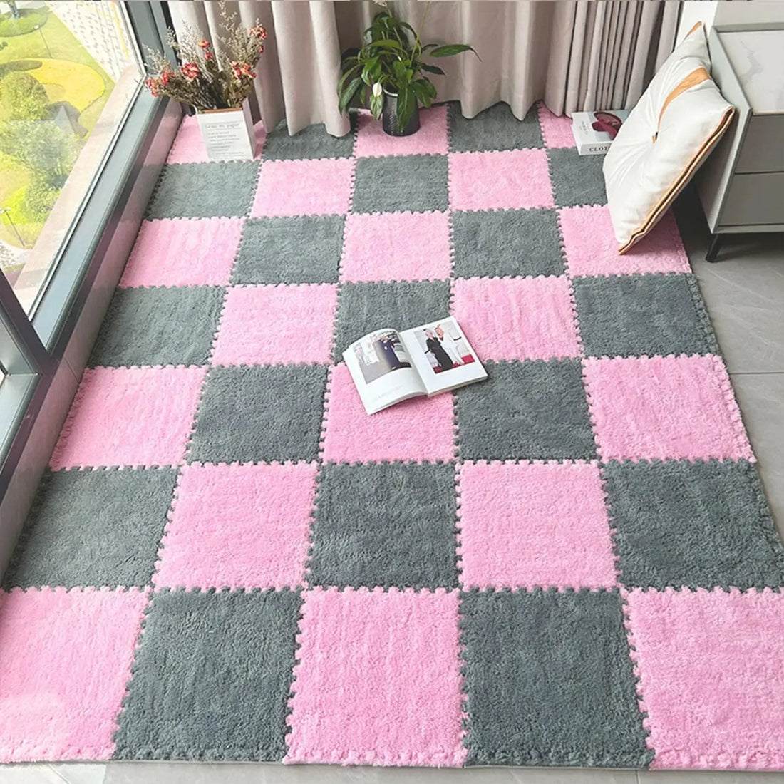 Plüsch-Puzzlematte mit EVA-Schaumkern für Babys und Kinder im Schlafzimmer und Spielbereich – 10 Fliesen à 30 × 30 × 1 cm, zuschneidbar, 16 Farben