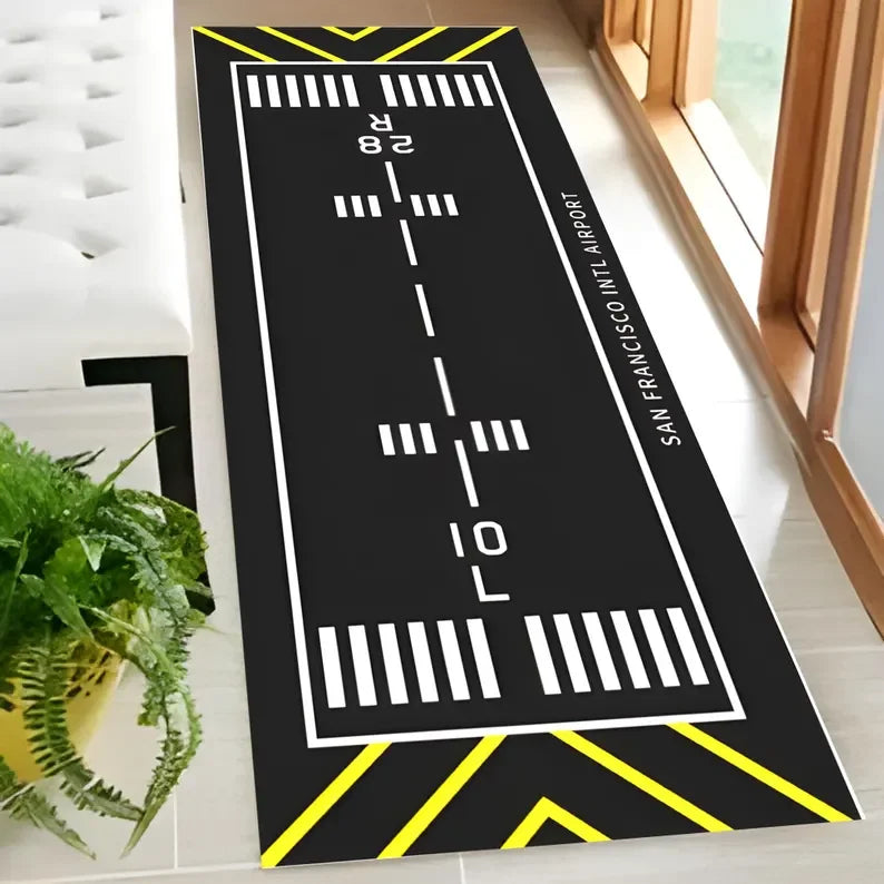 Teppich im Luftfahrt-Design mit Flughafen-Landebahn für Wohnzimmer und Schlafzimmer – 40 × 120 oder 50 × 150 cm, beflockt, rutschfest, 6 Motive