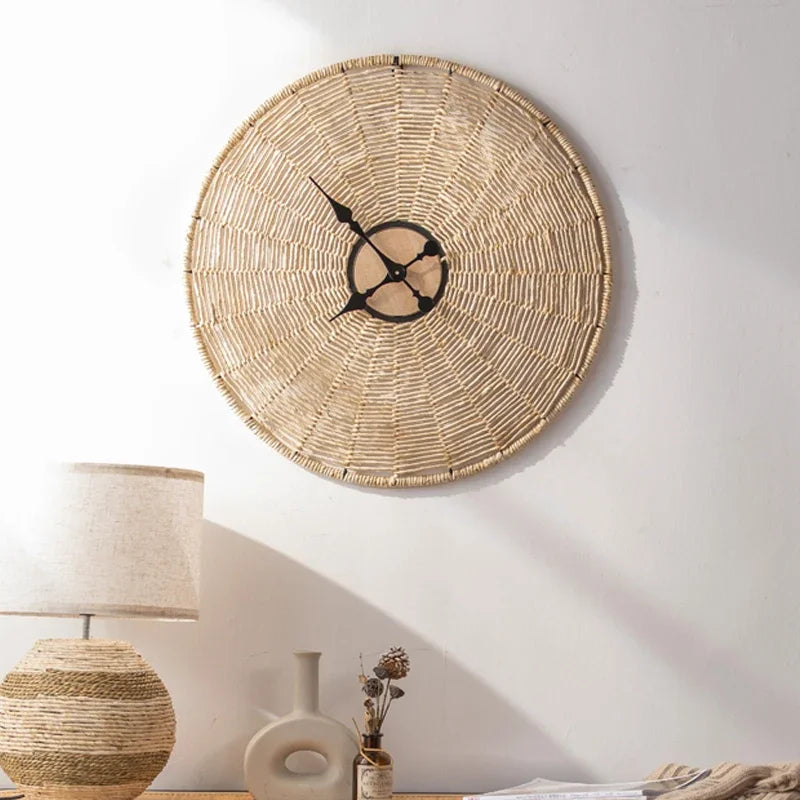 Rattan-Wanduhr im japanischen Stil aus Holz, Seil und Eisen für das Wohnzimmer – 60 × 60 oder 80 × 80 cm, rund, geräuschloses Quarzwerk