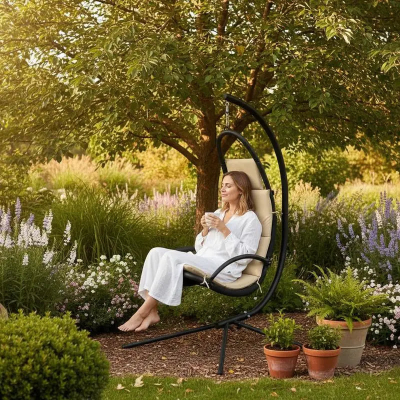 Hängesessel mit Standgestell und gepolstertem Kissen für Garten und Terrasse – 600D-Oxford-Gewebe, pulverbeschichteter Stahl, 3-cm-Polster, 3 Farben