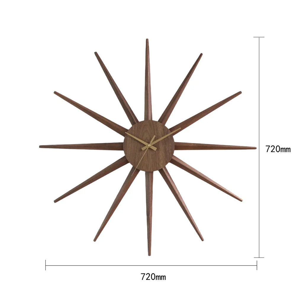 Sonnen-Wanduhr aus Walnussholz mit 12 Speichen im Mid-Century-Stil für Wohnzimmer und Eingangsbereich – 72 × 72 cm, lautlos, 2 Ausführungen