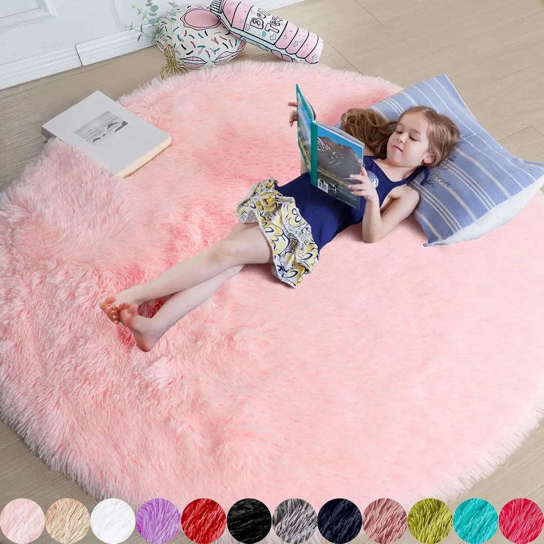 Runder Shaggy-Teppich für Mädchenzimmer, Kinderzimmer und Spielzimmer – Ø 60 bis 180 cm, flauschig, rutschfest, fusselfrei, 8 Farben