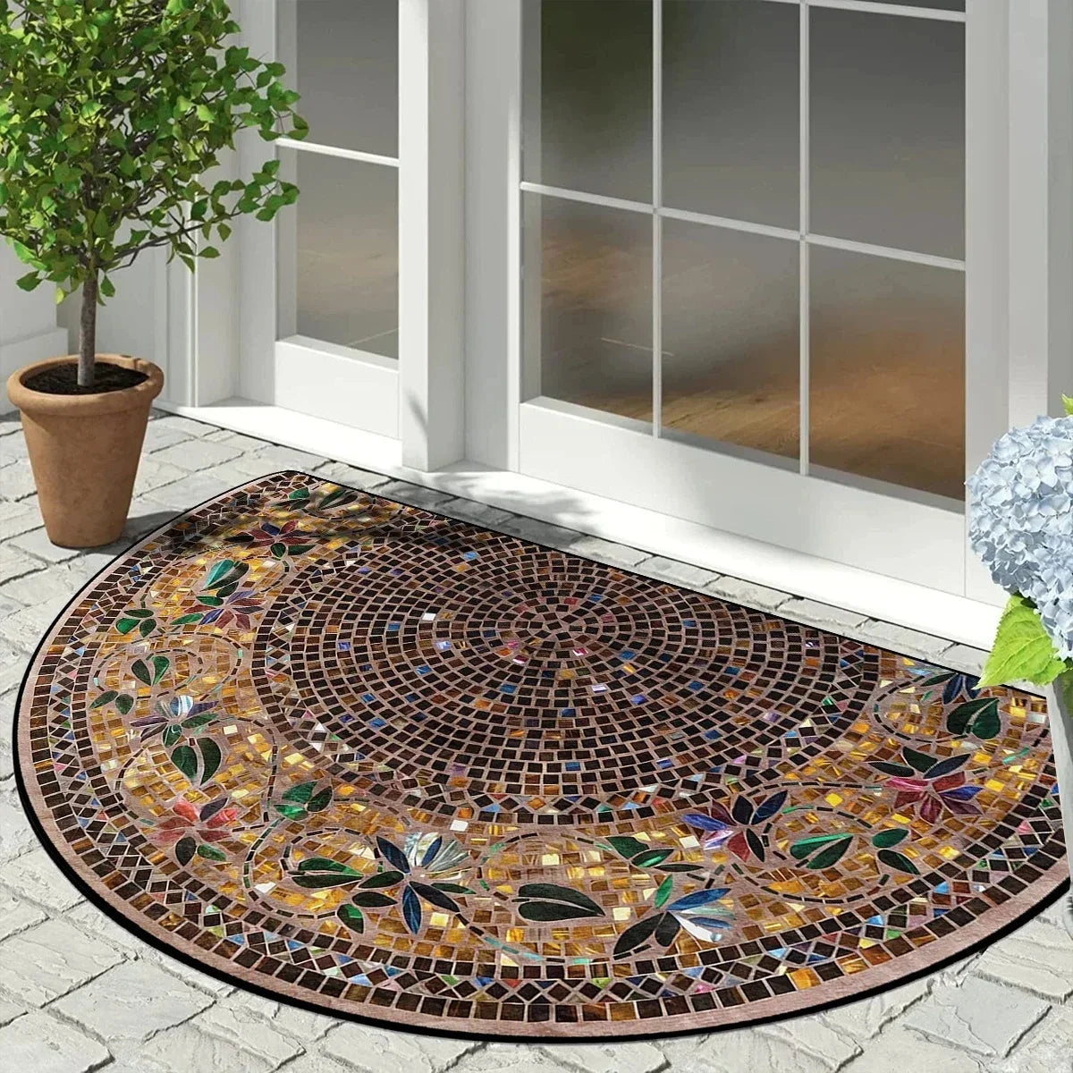 Halbrunde Fußmatte mit Vintage-Blumenmosaik im Art-déco-Stil für Eingang, Wohnzimmer und Schlafzimmer – 40 × 60 bis 60 × 90 cm, Kristallsamt, 5 Motive